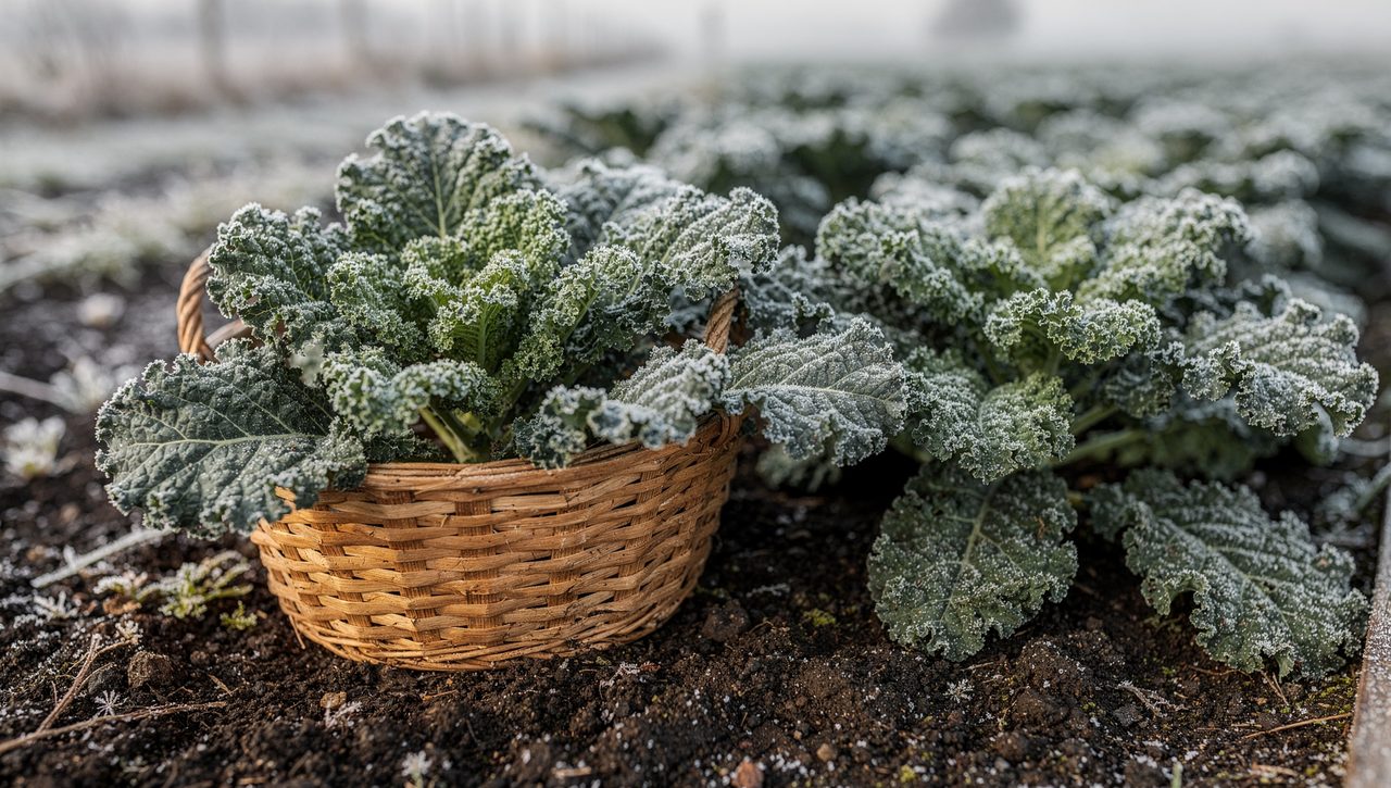 A gardener's basket of freshly cut curly kale leaves resting on dark soil beside a row of kale plants under a light morning frost.