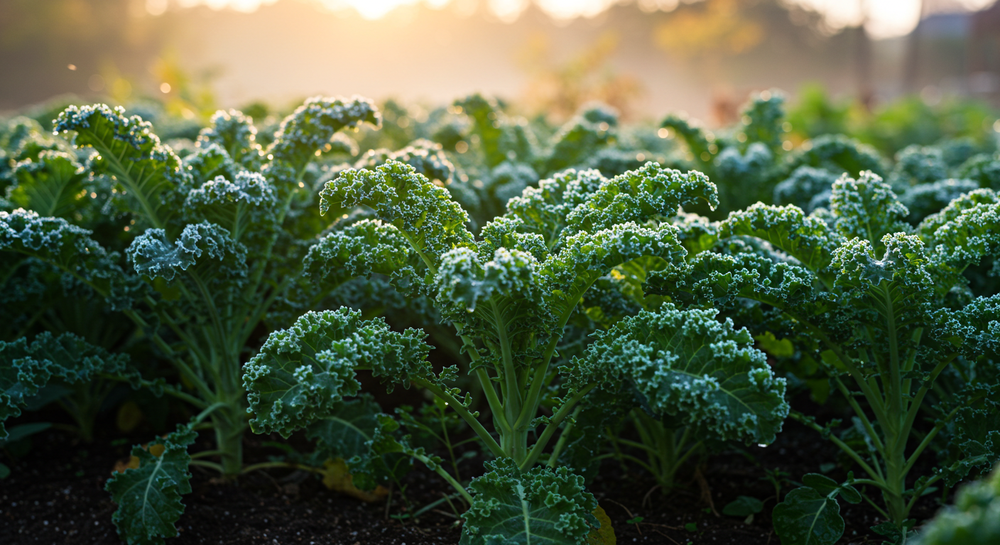 Vibrant, dewy kale plants thriving in an organic garden bed during a cool autumn morning, with light frost clinging to the deep green leaves, showcasing their resilience and health.