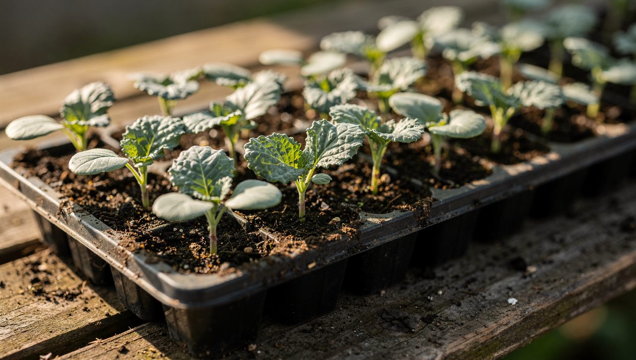 Young kale seedlings with their first true leaves growing in a black cell-tray of dark potting mix on a wooden bench in soft morning light.