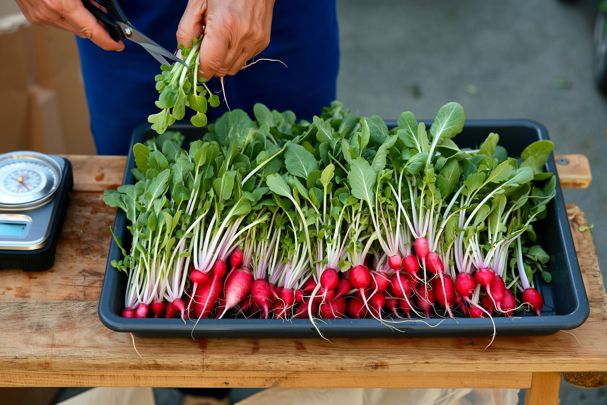 A freshly cut handful of radish microgreens held over a harvested 10x20 tray, with scissors and a kitchen scale on the bench