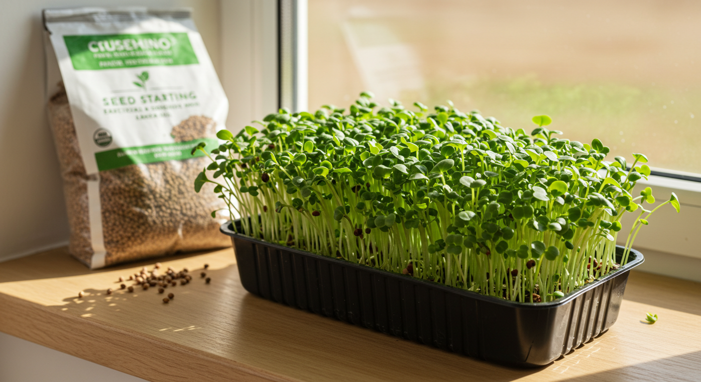 A close-up, natural light photo shows a shallow rectangular tray densely packed with bright green radish microgreens with tiny red stems, sitting on a light wooden windowsill. A small bag of planting mix and a few loose seeds are blurred in the background.
