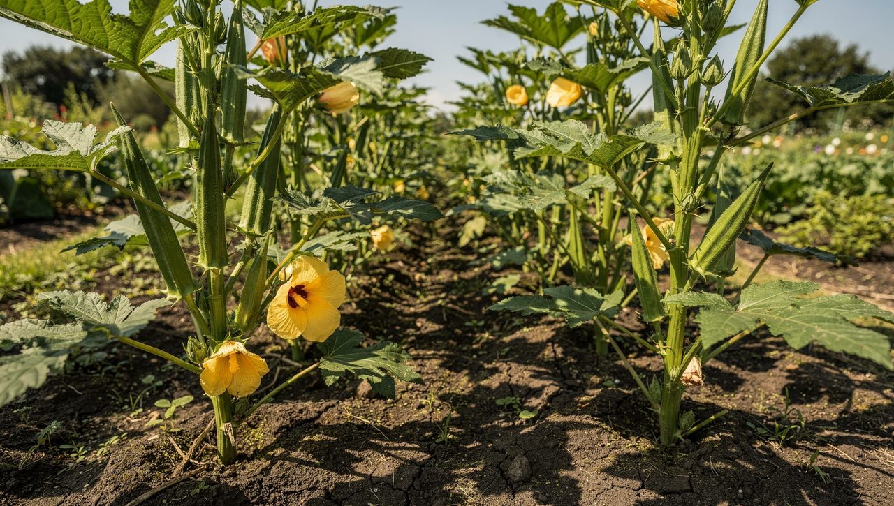 A row of tall mature okra plants over 4 feet high carrying ripening green pods and pale hibiscus-like flowers in a sunny summer vegetable garden.