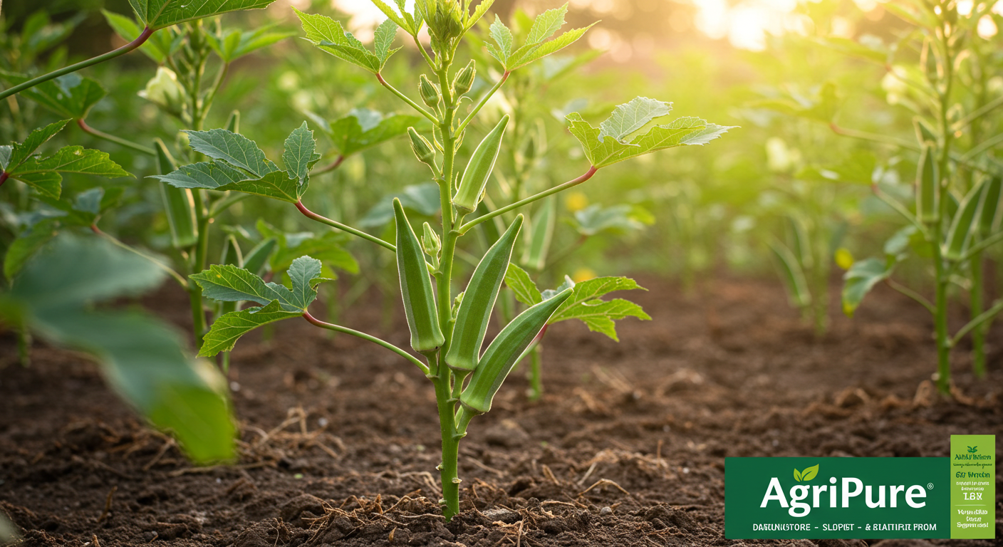 A close-up, photorealistic image of mature okra plants with several tender, green pods ready for harvest, set against a backdrop of rich, warm soil under bright sunlight. The image highlights the plant's height and productivity, emphasizing healthy, organic growth.