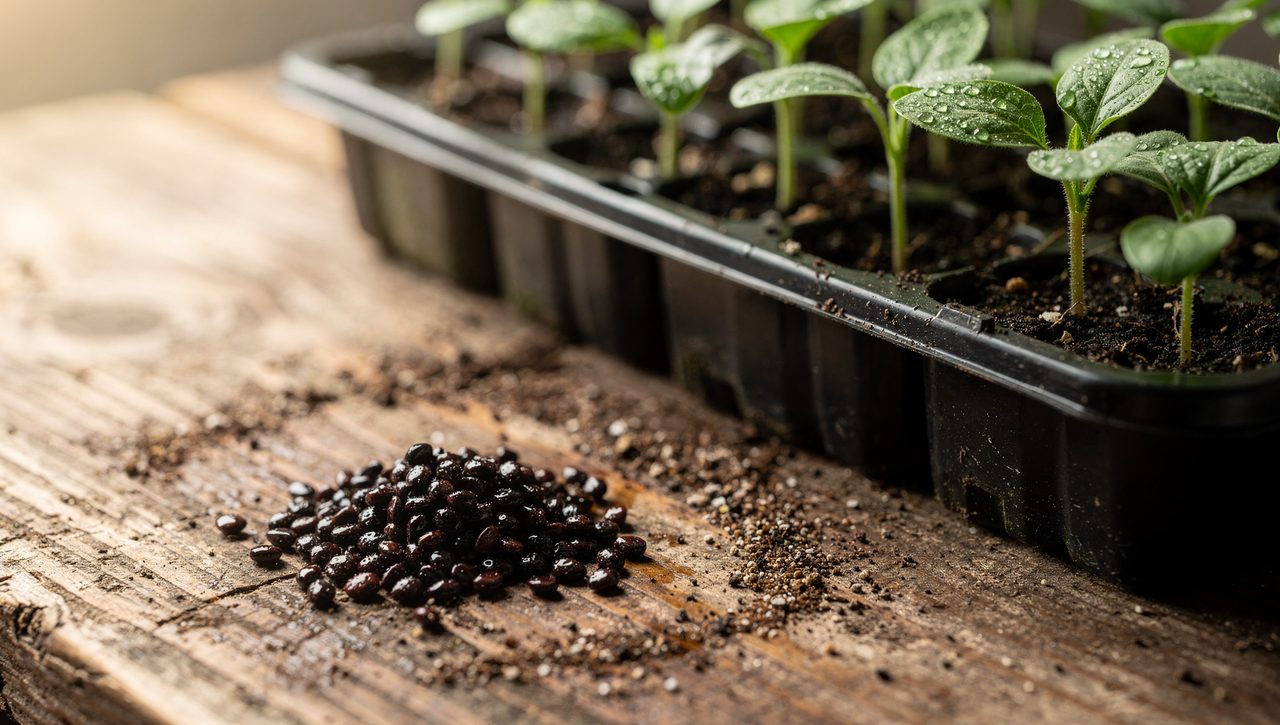 Close-up of soaked okra seeds and seedling cells on a potting bench, with swollen dark seeds beside a tray of young sprouts.