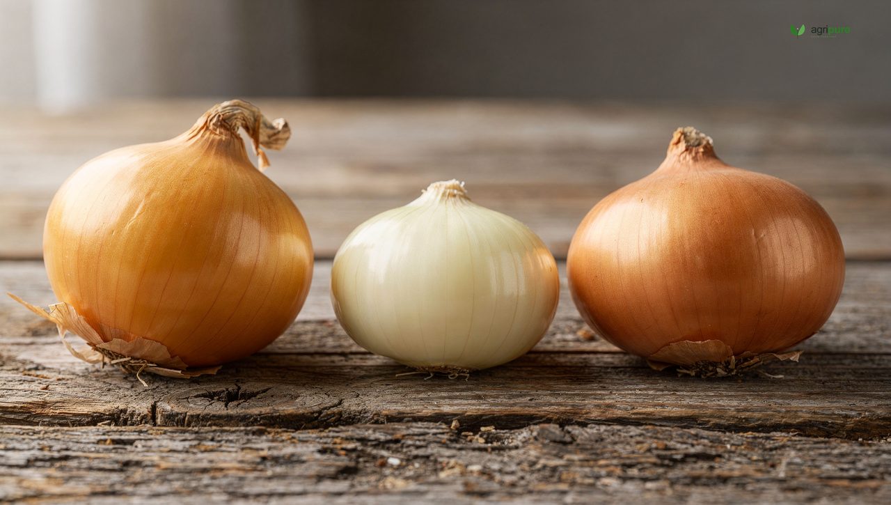 Three types of onion bulbs arranged side by side on a wooden surface — a pungent yellow long-day storage onion, a pale Candy intermediate onion, and a flattened sweet short-day Granex — showing the visible difference in shape and skin color