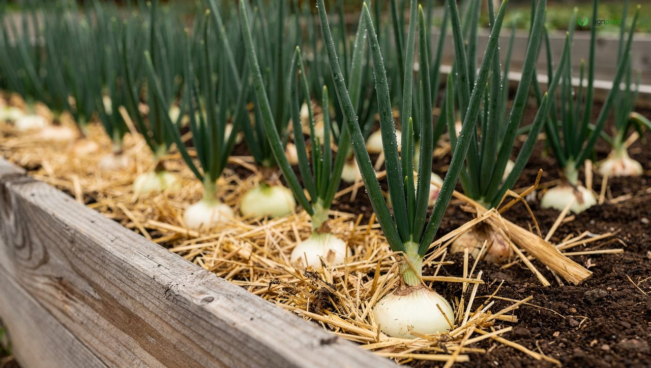 Close-up of onion plants in a raised bed with a straw mulch layer between rows, showing healthy upright green foliage and small bulbs beginning to swell at soil level