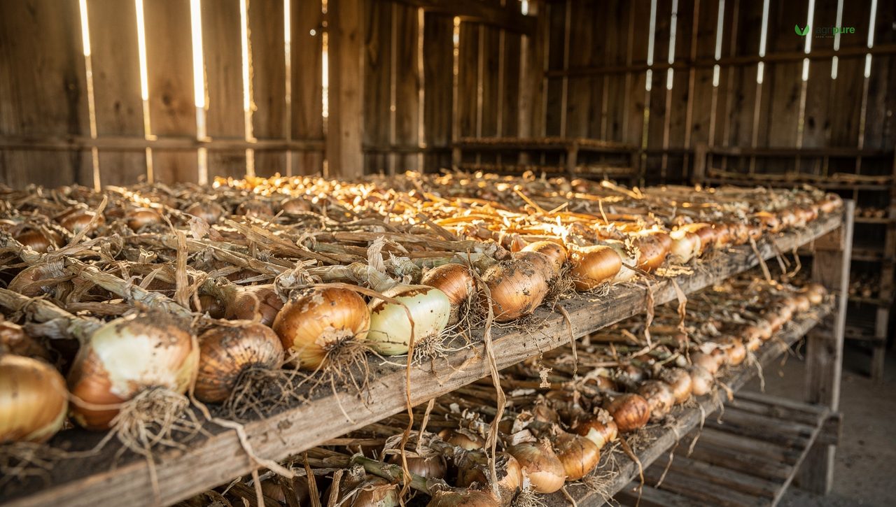 Freshly harvested onion bulbs spread in a single layer on a wooden slatted curing rack in a ventilated shed, roots and tops still attached, bulbs beginning to develop papery golden skins