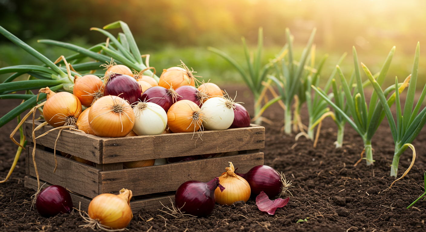 A close-up, photorealistic image showcasing a diverse harvest of plump, freshly pulled onions, including yellow, red, and white varieties, nestled together in a rustic wooden crate. In the softly blurred background, healthy green onion plants are visible growing in rich garden soil under natural light.