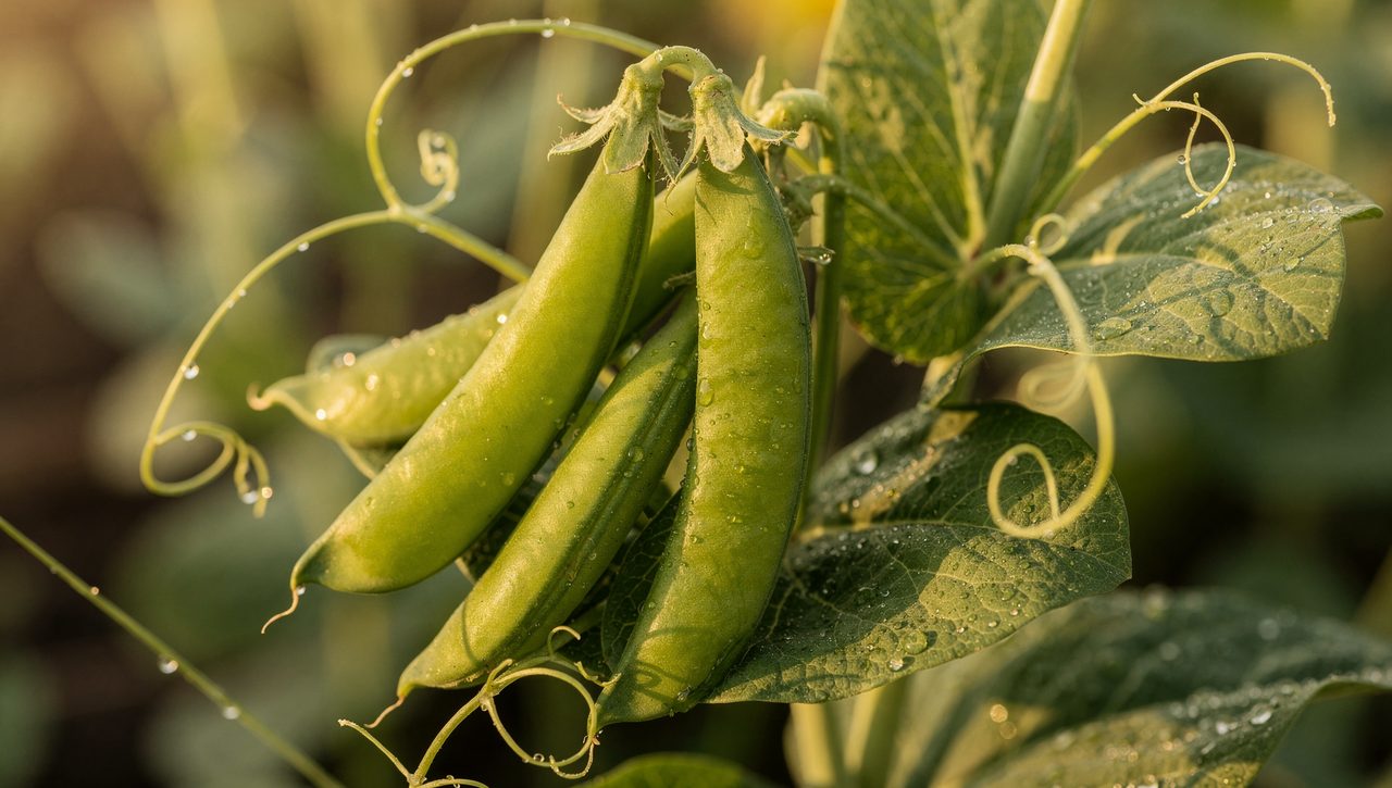 A gardener's hands holding a freshly picked cluster of green snap pea pods over a leafy pea vine in morning light.