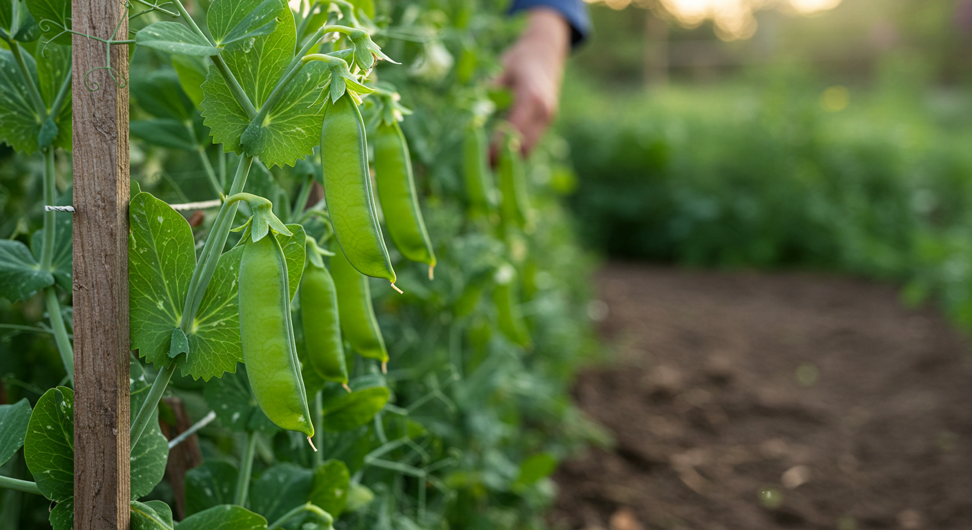 A close-up, photorealistic image of lush green pea plants growing vertically on a rustic wooden trellis in an organic garden. Several mature, plump pea pods hang from the vines, ready for harvest. The scene is illuminated by gentle natural light, highlighting the healthy foliage.