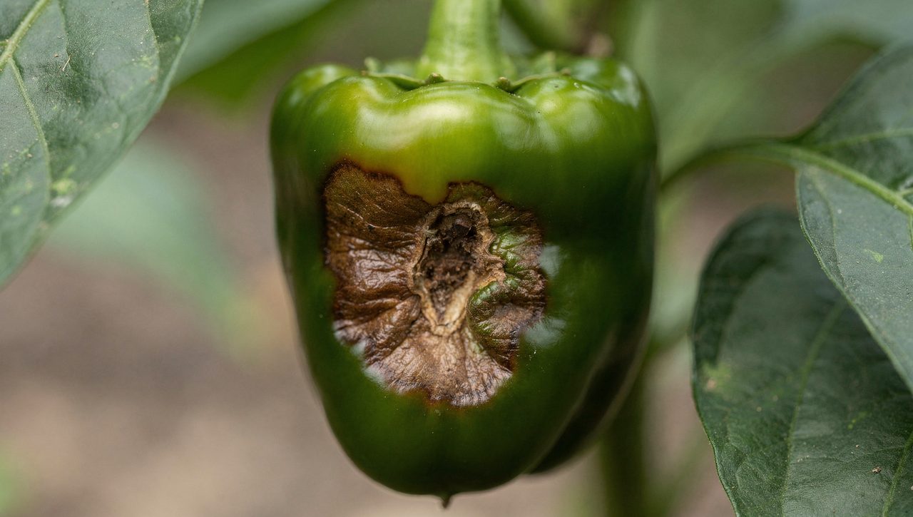 A close-up of a green bell pepper on the plant with a sunken brown leathery patch of blossom-end rot on its lower end.