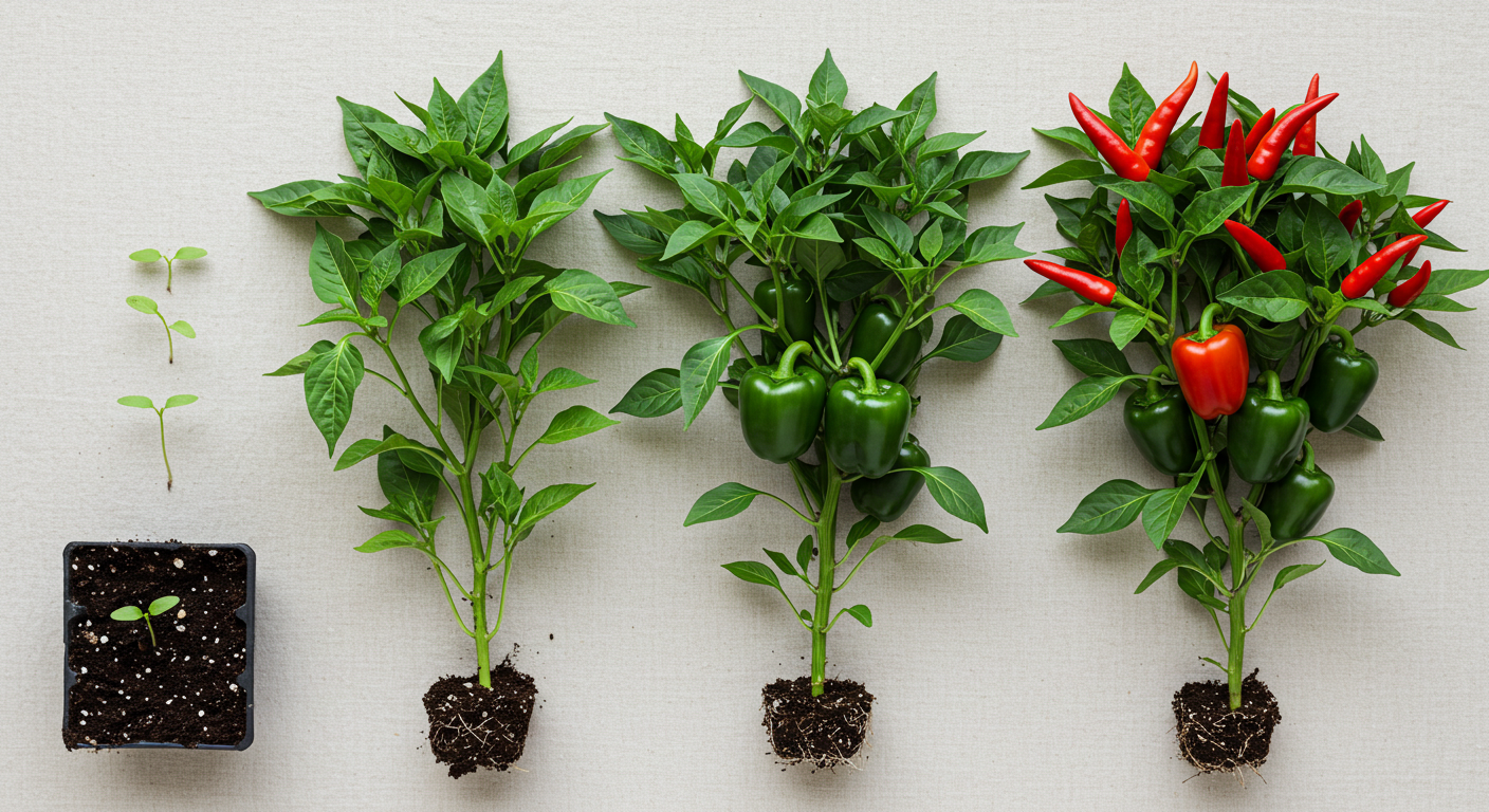 An overhead view showing the life cycle of a pepper plant: tiny seedlings in a propagation tray, a thriving young plant with glossy green leaves, and finally, a mature plant laden with both crisp green and ripe red bell peppers and hot peppers.