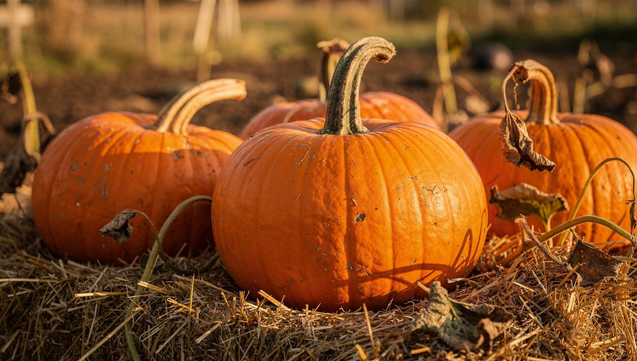 Several deep-orange ripe pumpkins with thick stem handles resting on straw in a sunlit garden at harvest time, vines drying in the background.