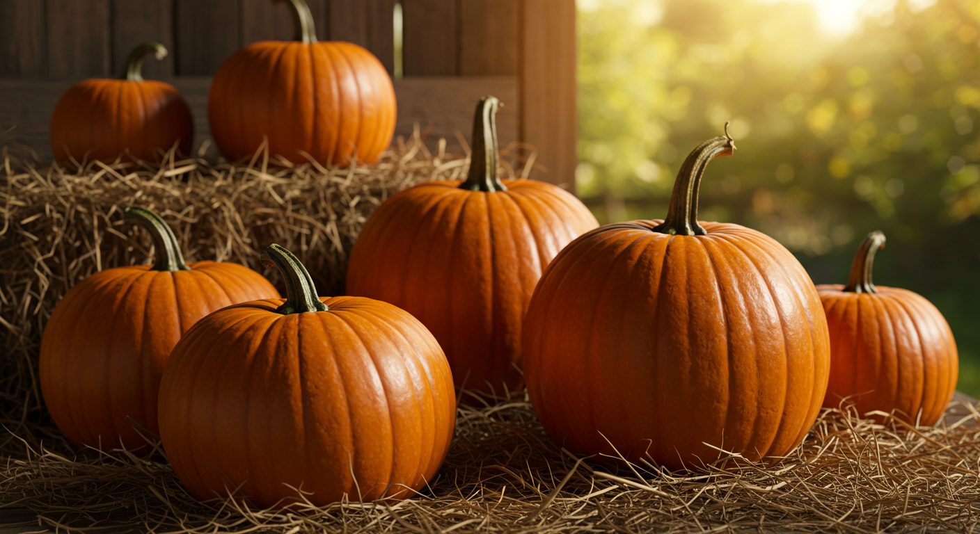A photorealistic, editorial image of several deep-orange pumpkins with varying shapes and sizes, resting on a bed of golden straw. The setting appears to be a rustic farm, with soft sunlight highlighting the pumpkins' textures. In the background, muted greens and browns are visible, suggesting late autumn harvest.