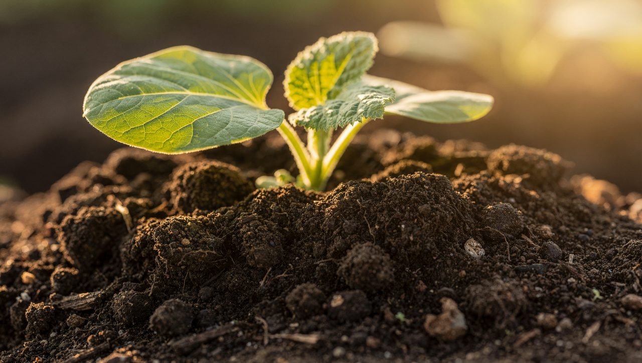 Young pumpkin seedlings with broad cotyledon leaves emerging from dark soil in a garden hill, lit by early morning sun.