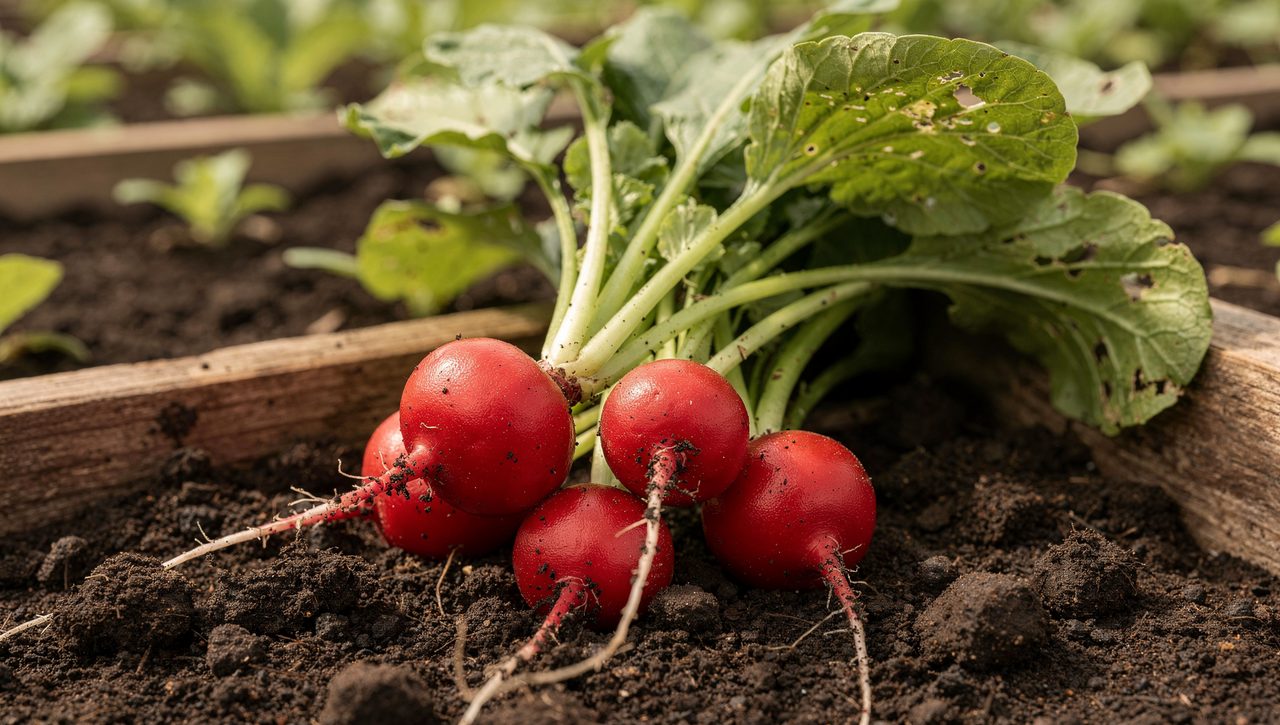 A small cluster of freshly pulled red round radishes with green leafy tops resting on dark soil beside a garden bed.