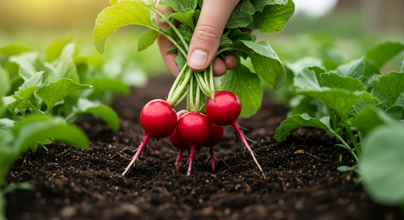 A close-up of a hand harvesting a bunch of vibrant red radishes with their green leaves still attached from rich, dark soil in a garden bed, illustrating the freshness of a fast harvest.