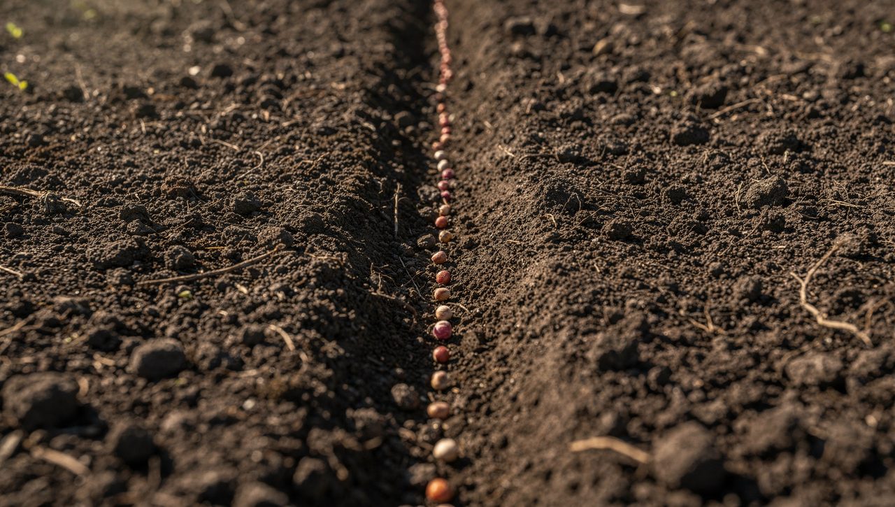 A hand-free close-up of radish seeds spaced along a shallow furrow in dark, finely raked garden soil.