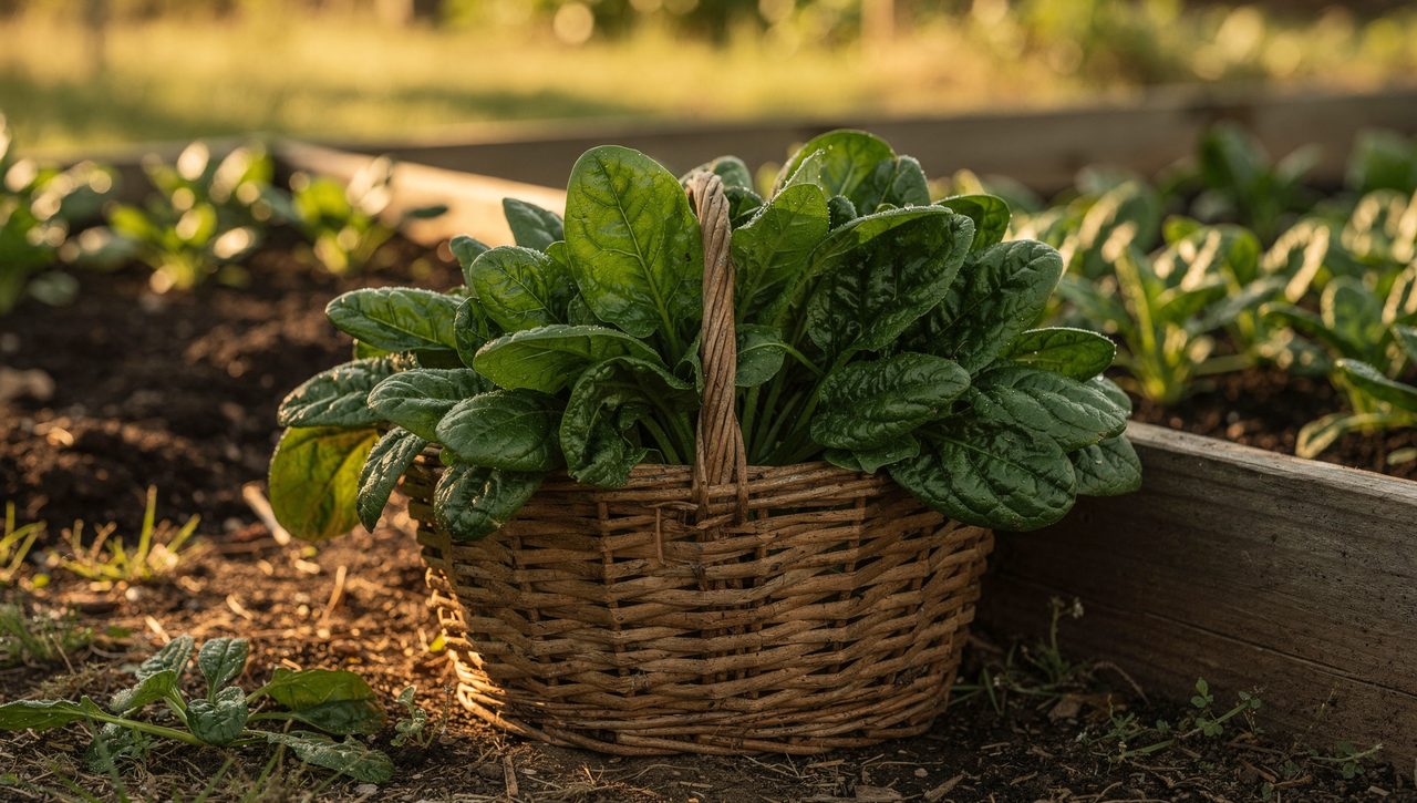 A wicker basket overflowing with freshly cut dark-green spinach leaves resting beside a garden bed in soft morning light.