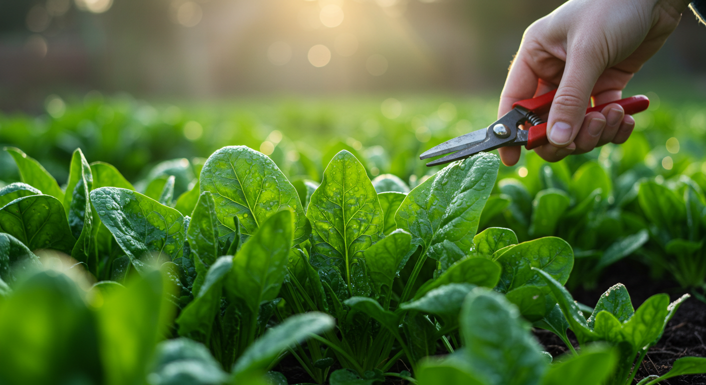 A close-up photograph shows lush, deep green spinach leaves being harvested in a garden bed. A hand wearing a gardening glove uses small silver shears to carefully snip an outer leaf, leaving the central plant intact for continued growth. Dew drops are visible on the cool-season foliage, and the soil is dark and moist, with blurred greenery in the background.