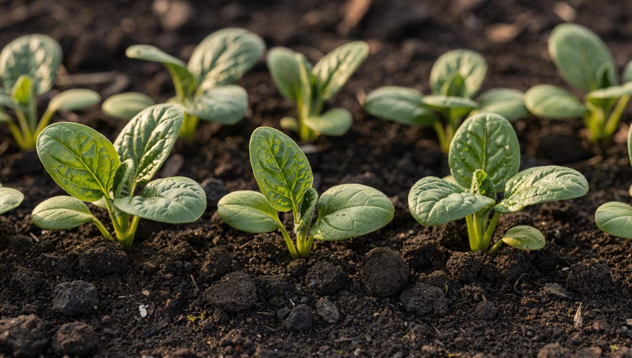 Young spinach seedlings with rounded seed leaves and first true leaves emerging in a row from dark moist garden soil in early spring.