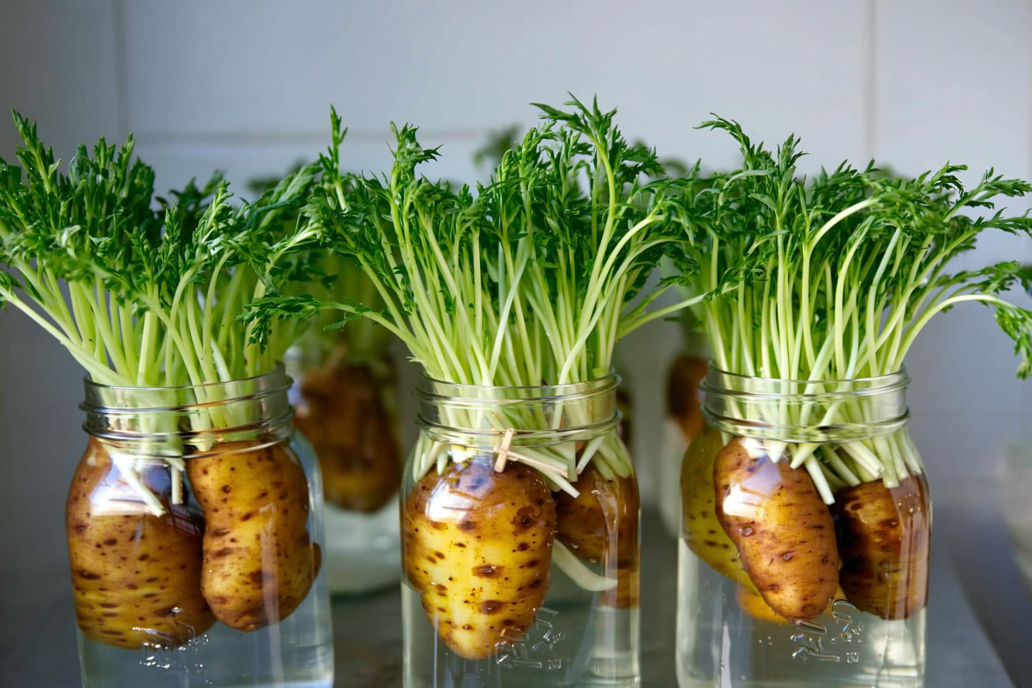 Sweet potato halves suspended in glass jars of water with toothpicks, showing bright green shoots emerging from the cut surface