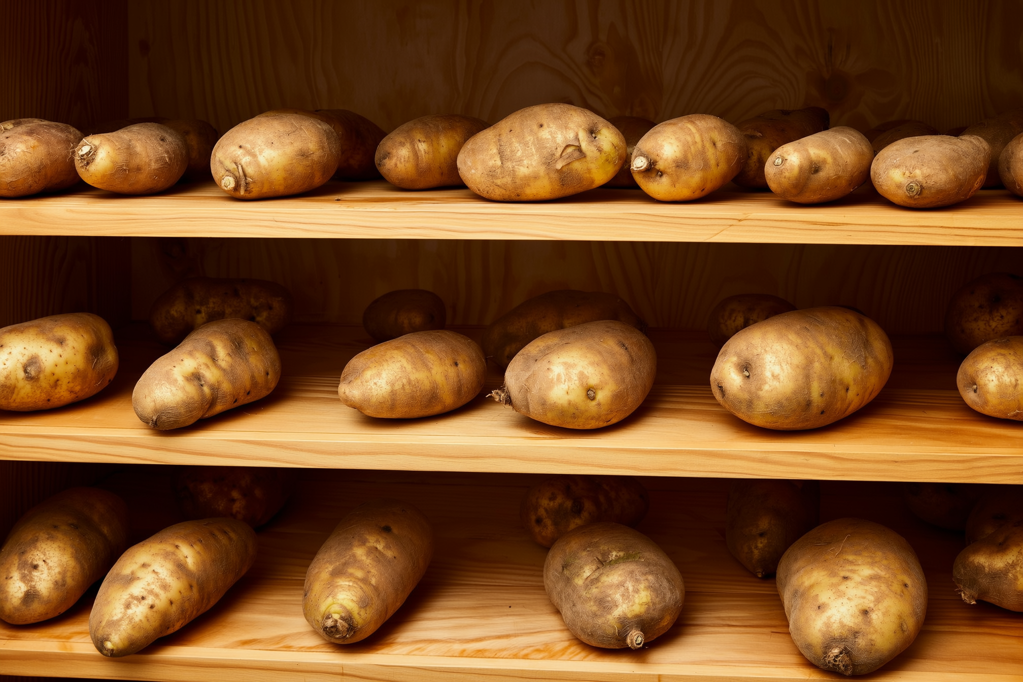 Sweet potatoes arranged in a single layer on wooden shelving inside a warm room, curing with gentle ventilation
