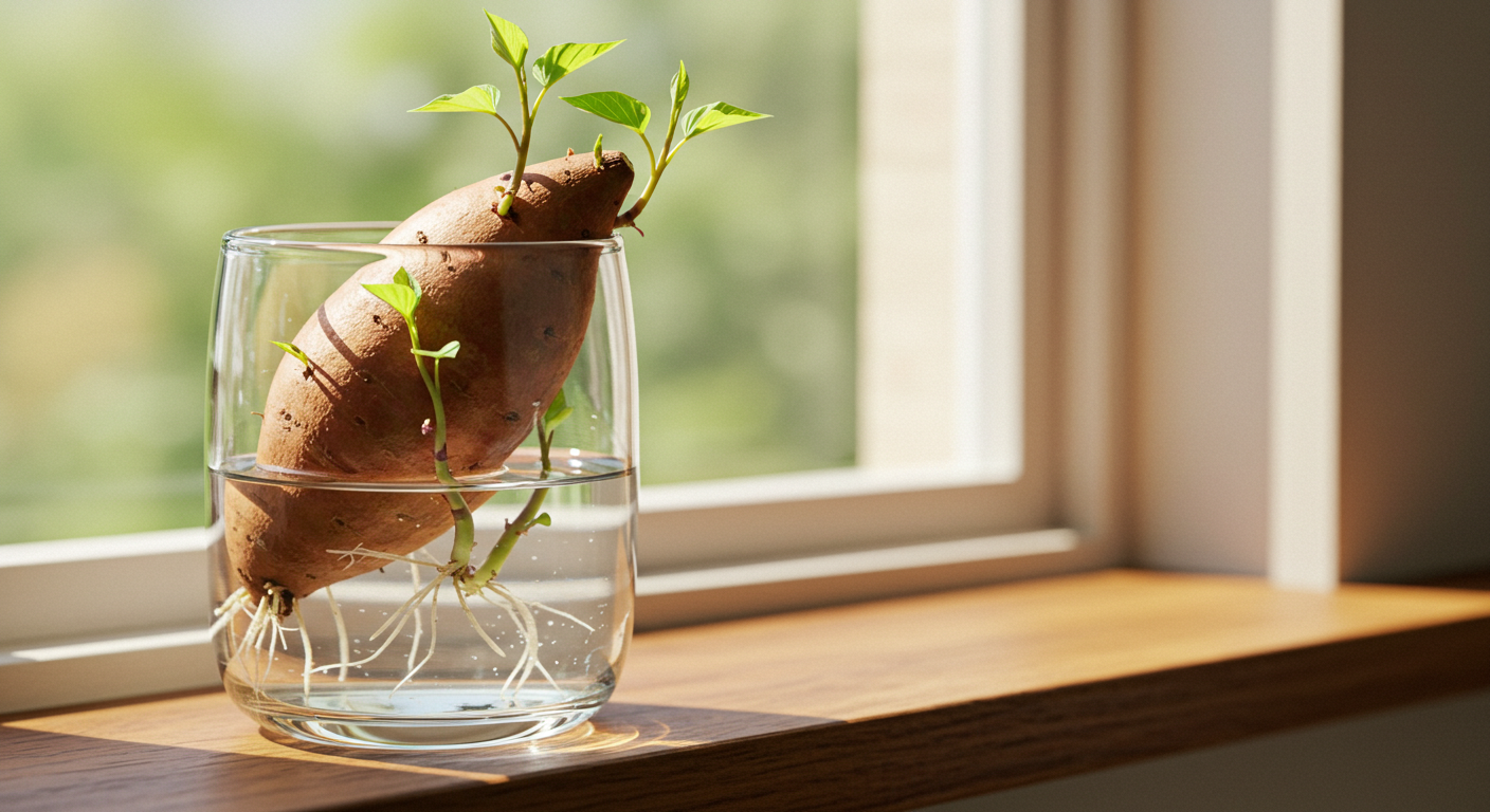 A photorealistic image of a sweet potato in a clear glass jar, sprouting green slips and white roots, sitting on a sunlit wooden windowsill, symbolizing the beginning of its growth cycle.
