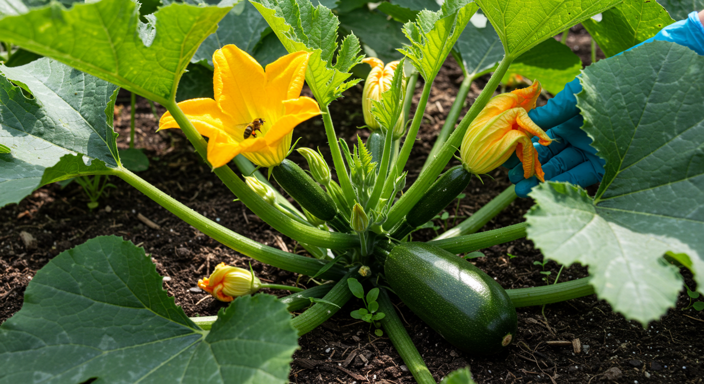 A vibrant green zucchini plant flourishing in warm, dark soil, with both open male and female yellow blossoms, and a 7-inch zucchini fruit ready for picking. Natural sunlight illuminates the scene.
