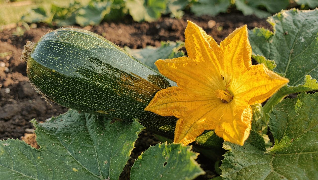 A glossy dark-green zucchini fruit and a bright yellow open blossom on a leafy plant in a sunny garden, with broad leaves and a low soil hill behind.