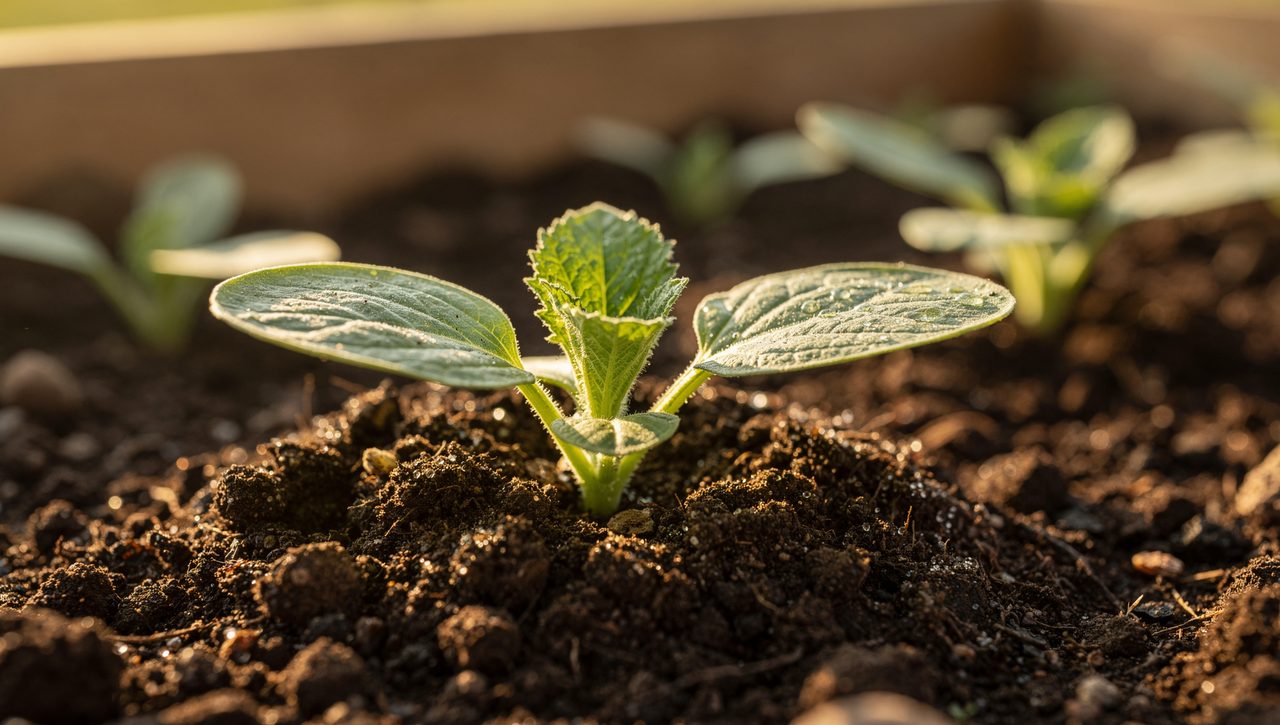 Young zucchini seedlings with broad cotyledon leaves emerging from a low mound of dark soil in a garden bed, lit by soft early morning light.