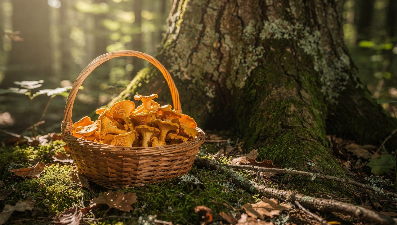 A foraging basket of golden chanterelles resting on moss beside a hardwood trunk in a dappled forest, with no people in frame.