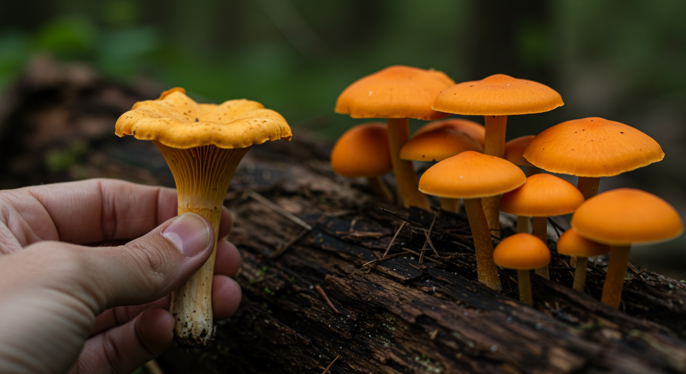 A close-up, eye-level photograph shows a human hand gently touching the blunt, false gills of a golden chanterelle mushroom, which appear as folds in the flesh. In the background, a cluster of orange jack-o'-lantern mushrooms with distinct sharp, true gills grows on decaying wood, emphasizing the key differences for identification.
