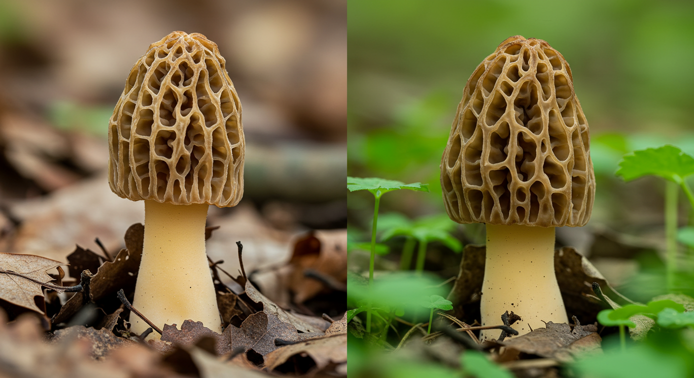 A photorealistic image showing a true morel (Morchella) with its characteristic pitted, honeycomb cap and hollow stem, positioned beside a false morel (Gyromitra) which has a wrinkled, brain-like cap and a visibly denser, chambered interior. Both mushrooms are emerging from dappled leaf litter on a forest floor.