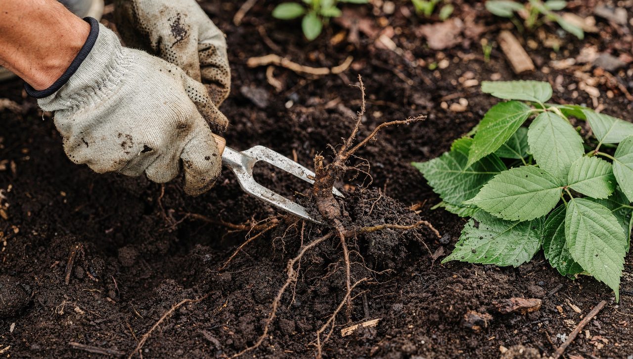 Gloved hands using a hand weeder to dig out a poison ivy root from dark garden soil, with cleared green leaflets set aside on the ground.