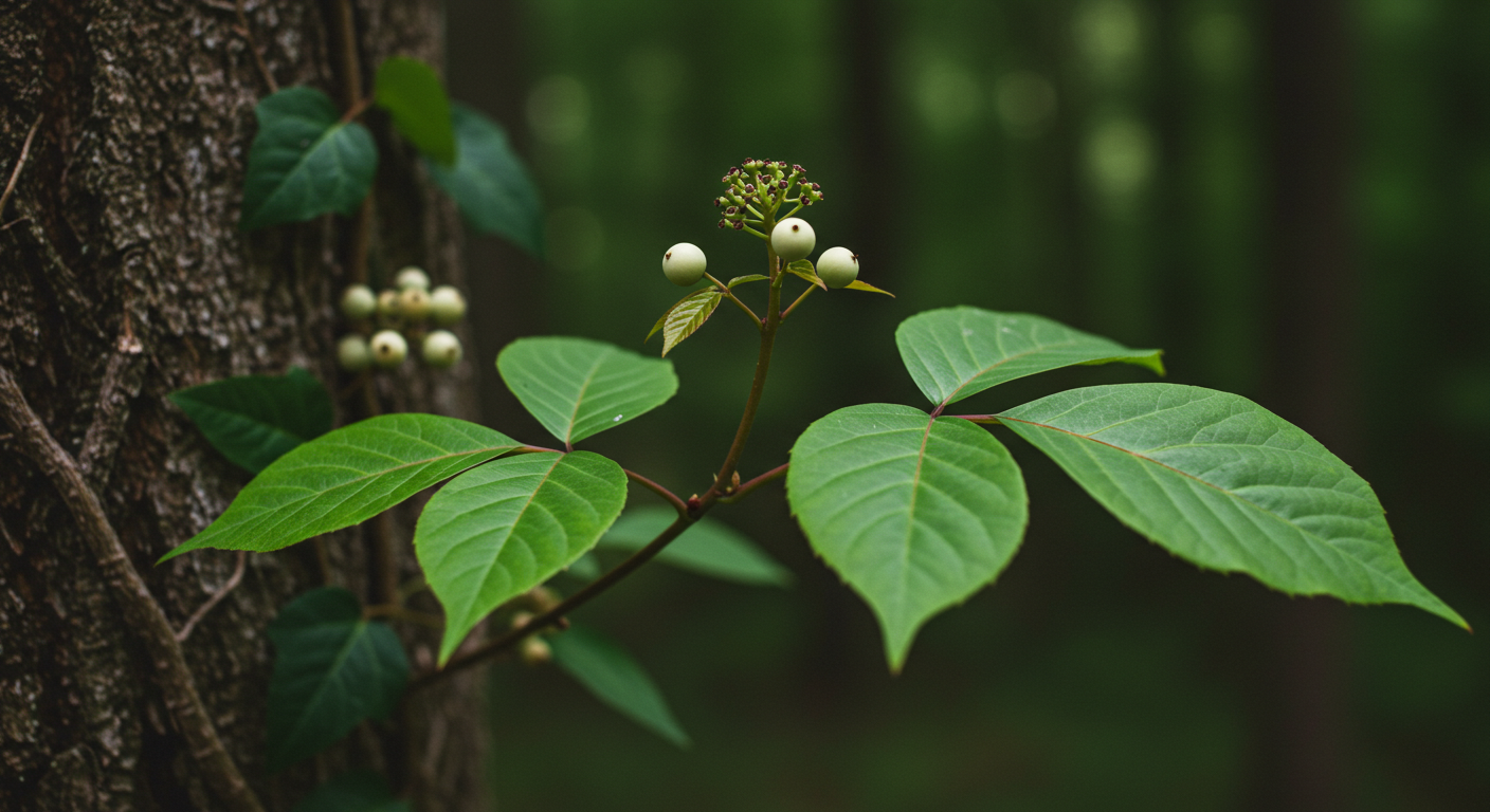 A detailed close-up, photorealistic image of a poison ivy plant. The foreground prominently displays a cluster of bright green leaves, each composed of three leaflets, with the central leaflet noticeably extending from a longer stalk. The leaves have a subtle, healthy sheen. In the softly blurred background, a poison ivy vine with distinct hairy aerial roots can be seen clinging to a tree trunk, alongside a faint cluster of small, white, waxy berries. The natural woodland setting is captured with gentle, natural lighting.