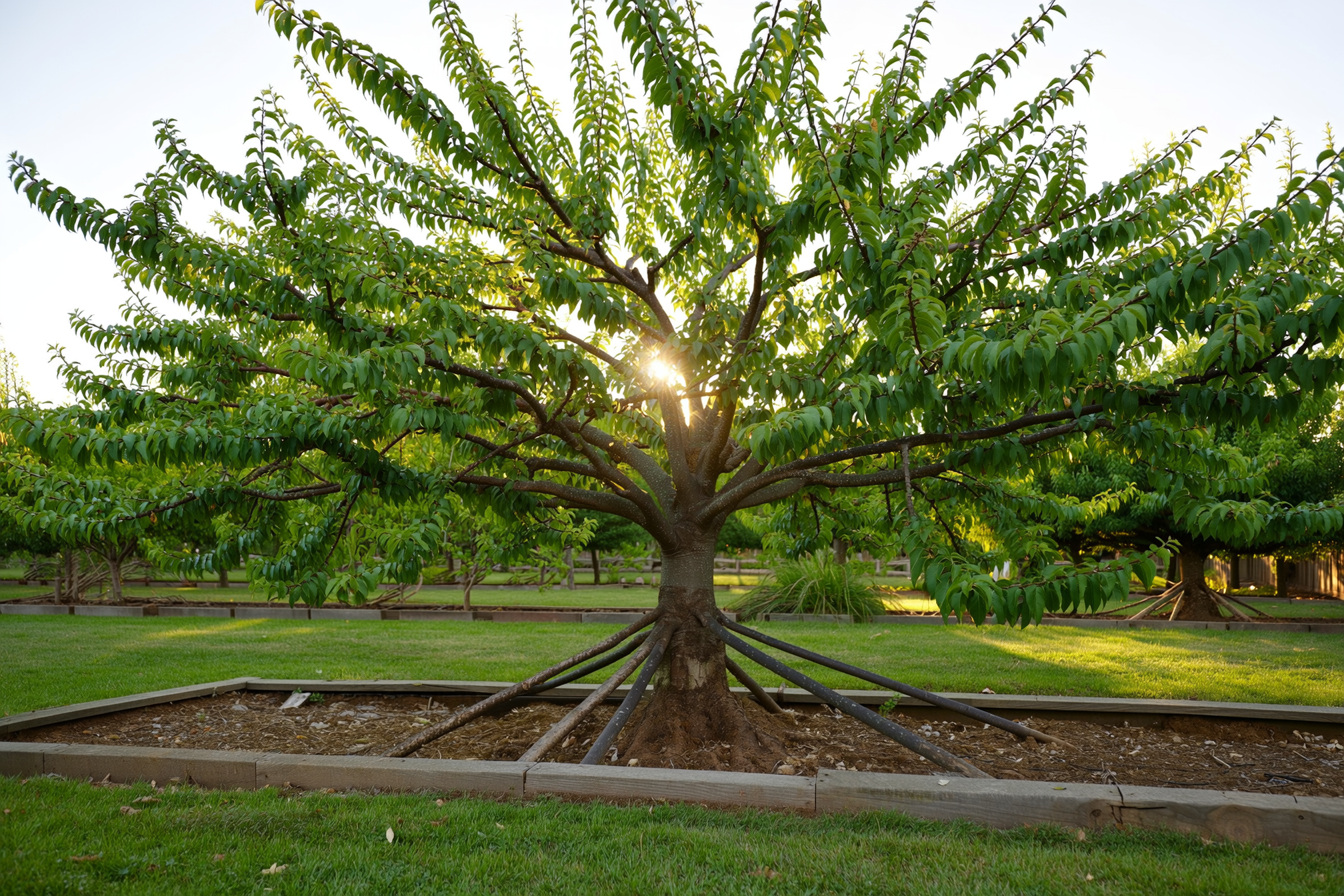 An open-center peach tree in a backyard orchard with three main scaffold limbs radiating from a short trunk and an open, sunlit middle