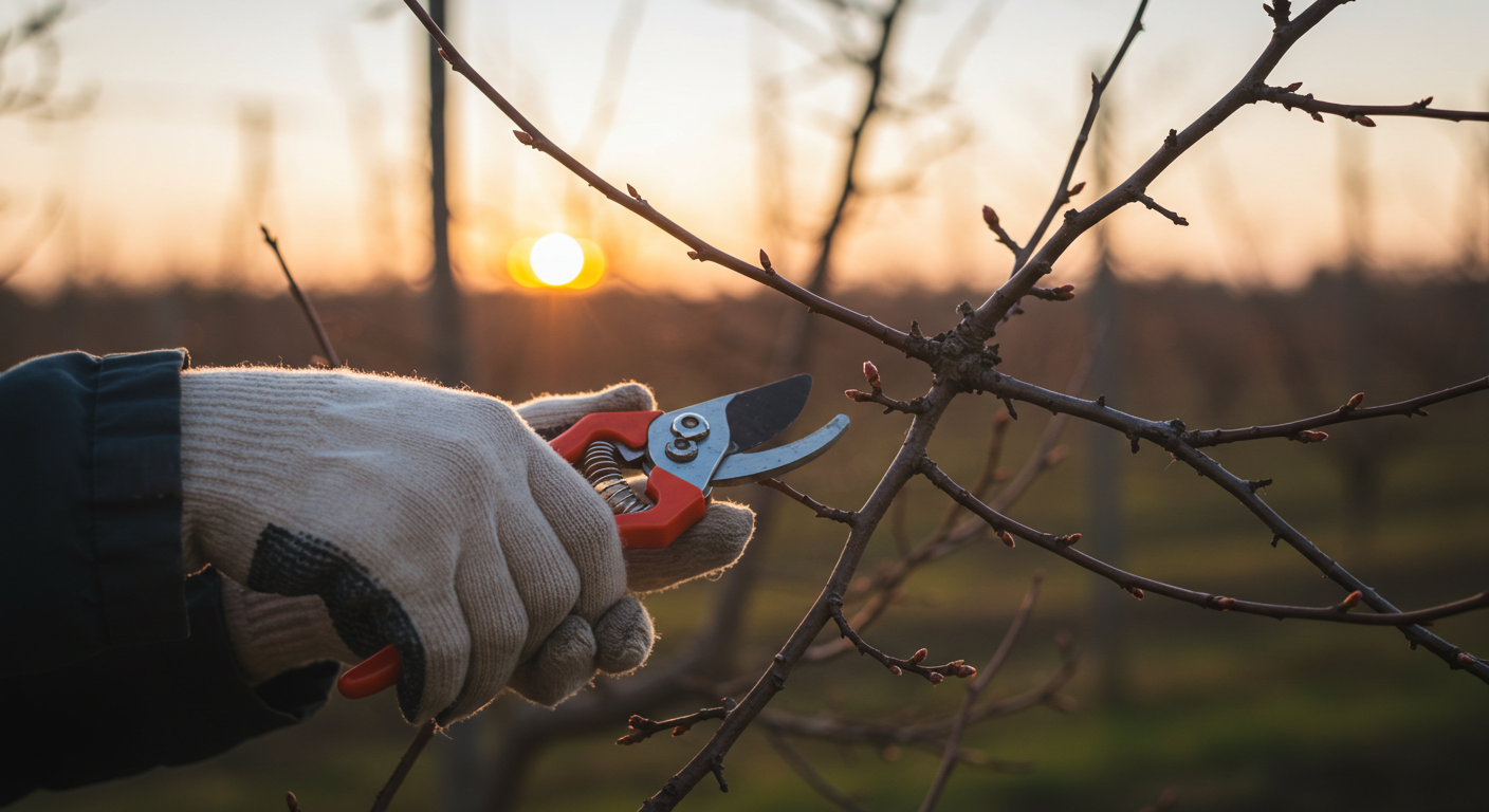 Close-up of gloved hands using bypass pruners to make a precise cut on a dormant fruit tree branch in an orchard, illustrating careful pruning techniques.