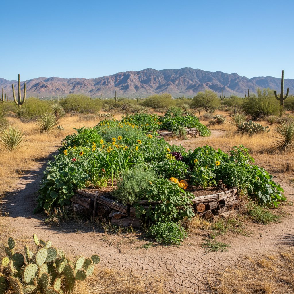 A vibrant green hugelkultur garden mound thriving in a dry, sunny US desert landscape, showcasing its ability to support plant life in arid conditions.