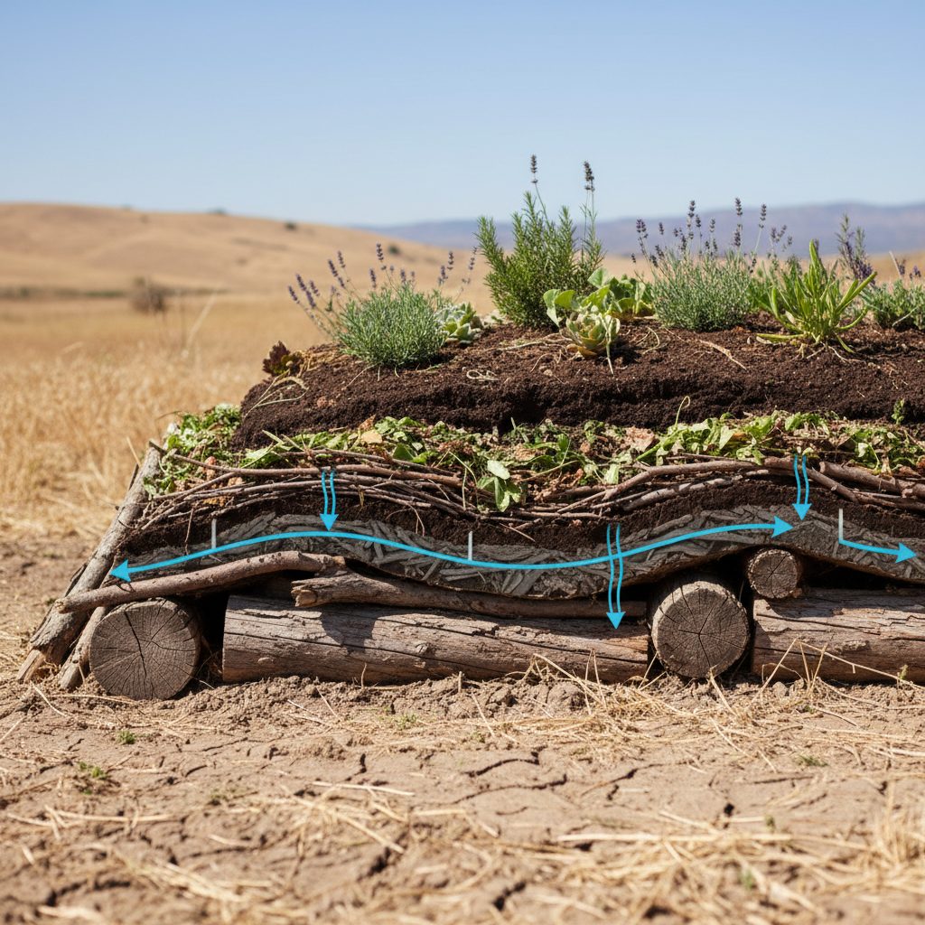 Cross-section diagram illustrating the layered construction of a hugelkultur bed, with large logs at the base, topped by smaller branches, green waste, and soil, demonstrating water absorption and slow release.