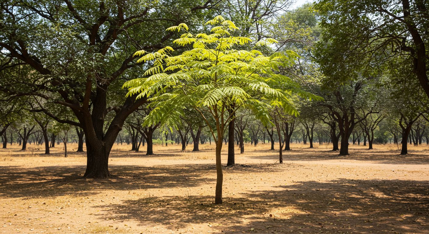 A mature Khair tree in a dry, sun-drenched Indian forest landscape showing delicate feathery leaflets.