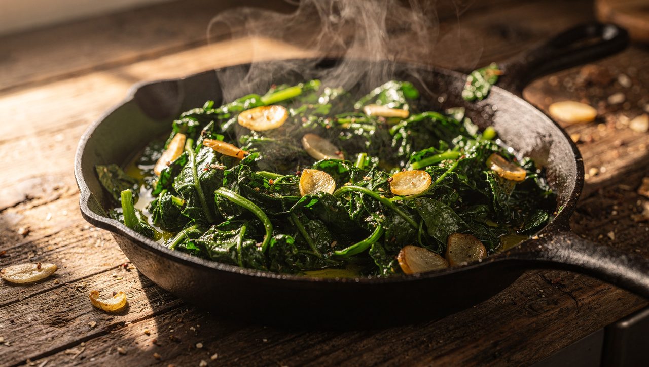 A skillet of bright green cooked lamb's quarters greens wilted down with garlic, steam rising, on a rustic kitchen counter.