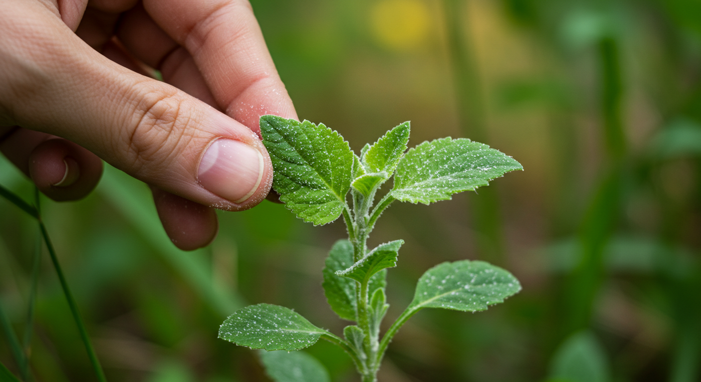 A close-up, photorealistic image of a young Lamb's Quarters plant with a hand gently pinching a leaf. The plant's distinctive goosefoot-shaped leaves are visible, and a fine, flour-like white mealy coating is clearly visible on the underside of the pinched leaf and slightly dusting the fingertips, demonstrating the key identification feature. The background is softly blurred to show a natural garden setting.