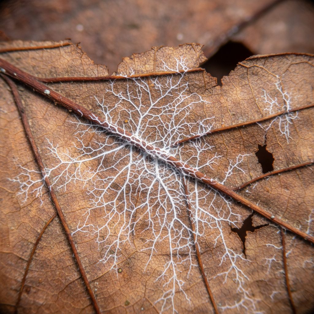 A microscopic view of white fungal mycelium spreading across a decaying autumn leaf.