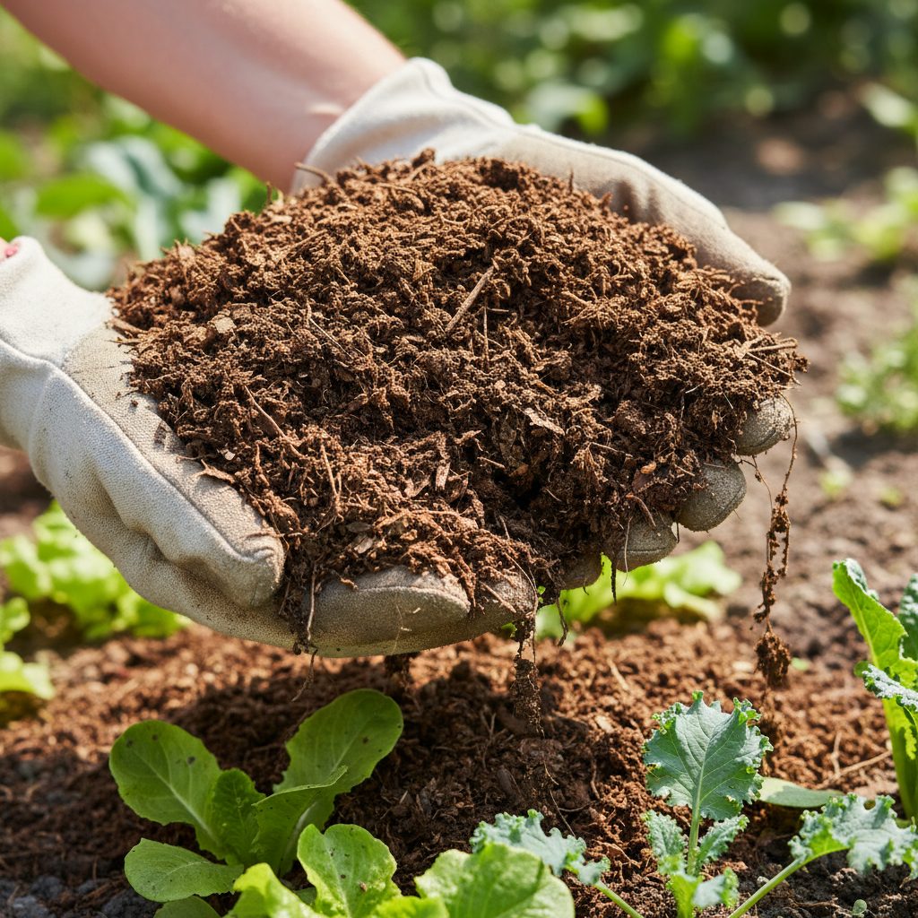 A close-up photograph of dark, crumbly leaf mold mulch being held in a gardener's hands over a vegetable bed.