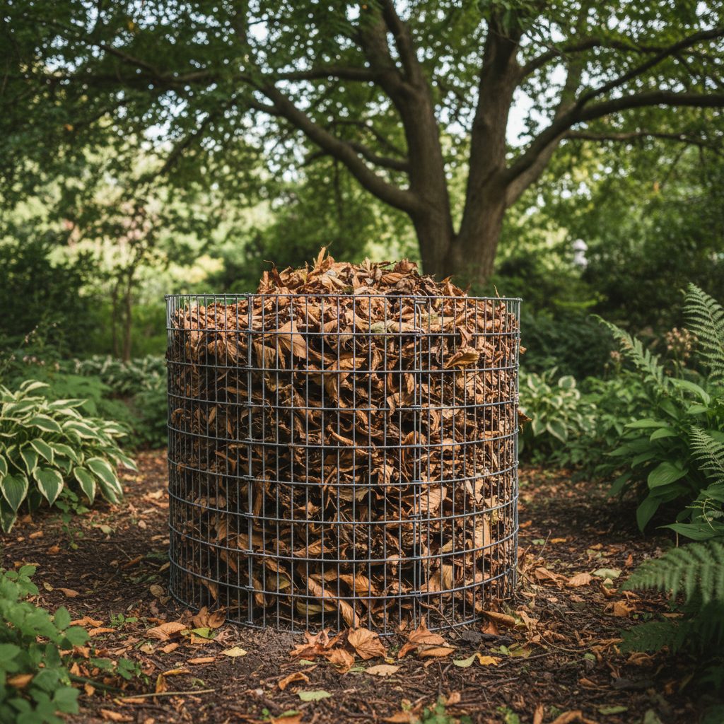 A chicken-wire mesh cylinder filled with brown leaves in a shaded garden corner.