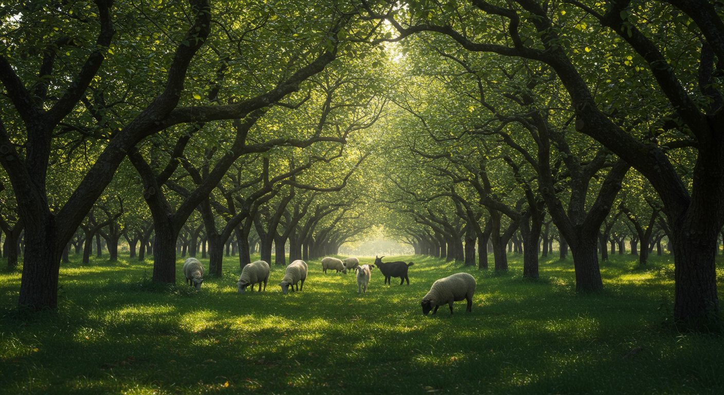 A serene scene featuring a small herd of goats and sheep grazing on green undergrowth beneath a dense canopy of mature fruit trees in a sunlit agroforest. The animals are scattered, peacefully eating, with sunlight dappling through the leaves onto the forest floor.