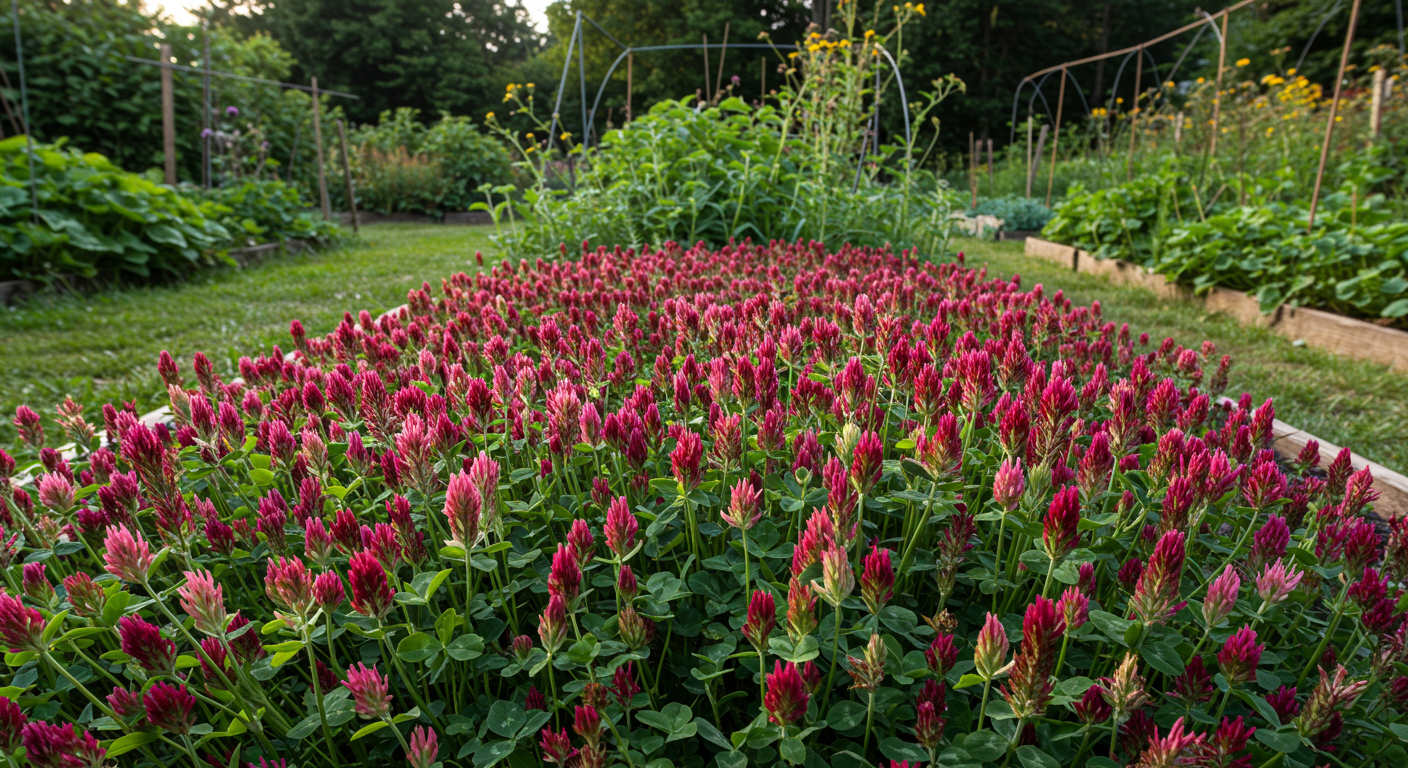 A vibrant field of red clover blossoms creating a dense green living mulch cover.