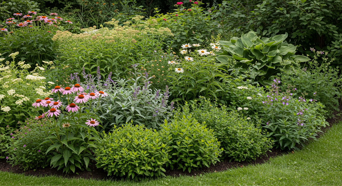 A vibrant, sun-drenched perennial garden featuring purple coneflowers, blue Russian sage, yellow yarrow, and reddish sedum in the foreground, with lush green hostas visible in the gentle shade behind them. The plants appear healthy and well-established, indicative of low maintenance. A narrow, light-colored stone path runs through the foreground.