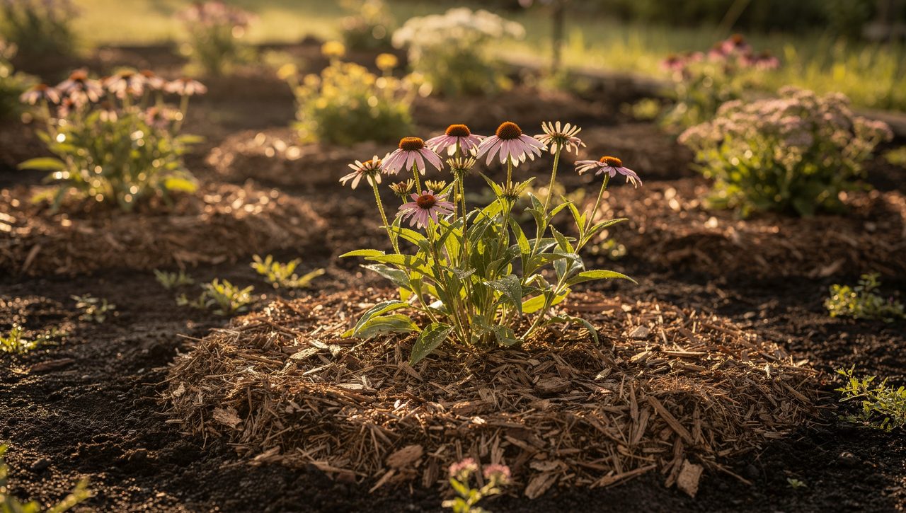 A newly planted full-sun perennial bed being topped with a 3 inch layer of shredded bark mulch around young coneflower and sedum clumps.